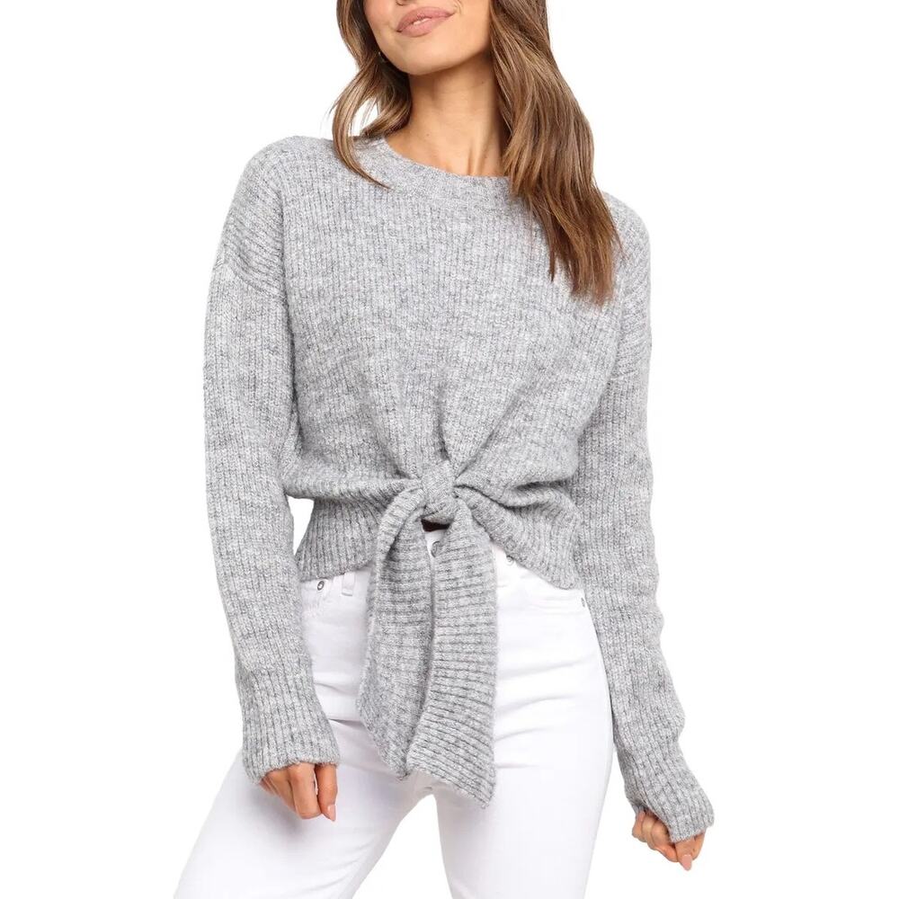 Petal & Pup (M) Captivate Tie Hem Sweater Grey Knit Cropped Pullover